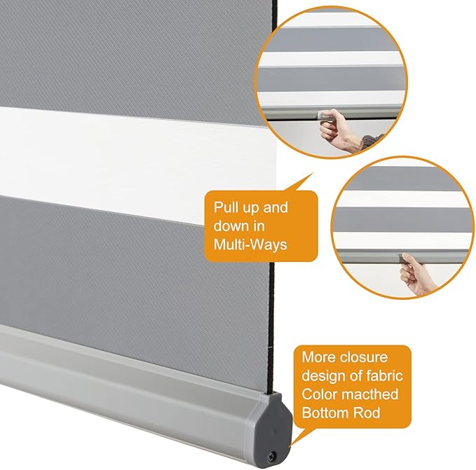 Persilux Cordless Zebra Blinds for Windows Free-Stop Roller Windows Shades (36" W X 47" H, Grey) Dual Layer Light Control for Day and Night, Light Filtering Sheer Shades for Home