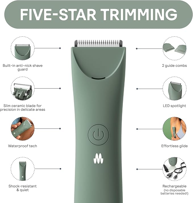 MERIDIAN Slimmer Trimmer – Electric Razor for Women, Bikini Line & Pubic Hair Trimmer, Rechargeable & Waterproof, Painless, Flawless Shave for Sensitive Skin, Gentle, Quiet & Travel-Friendly, Sage-BrightBean Baby