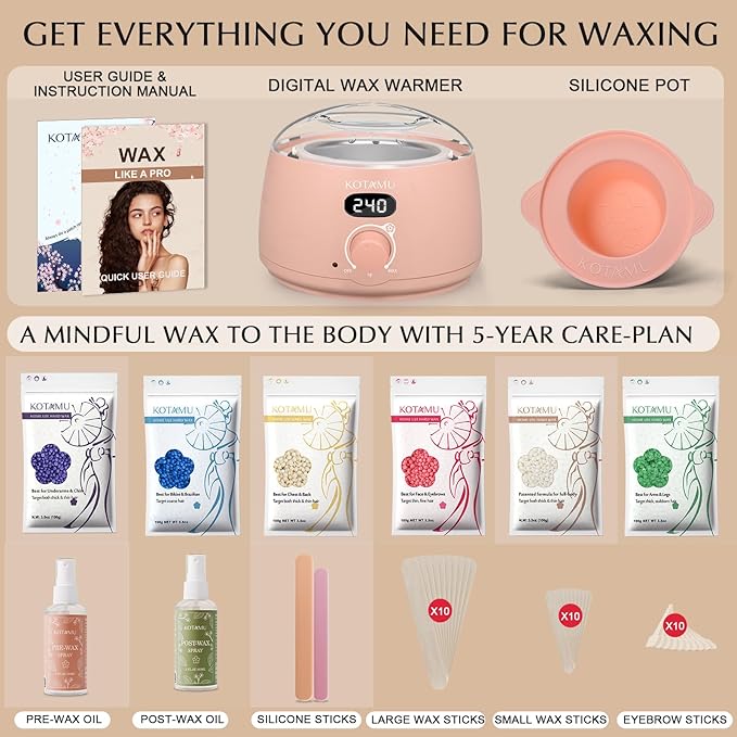 KOTAMU Wax Warmer, Waxing Kit for Women Men Hair Removal, Digital Waxing Machine for Face Eyebrow Bikini Brazilian Leg Body &Sensitive Skin, Pink Wax Kit With 44 Accessories for Home Salon Use-BrightBean Baby
