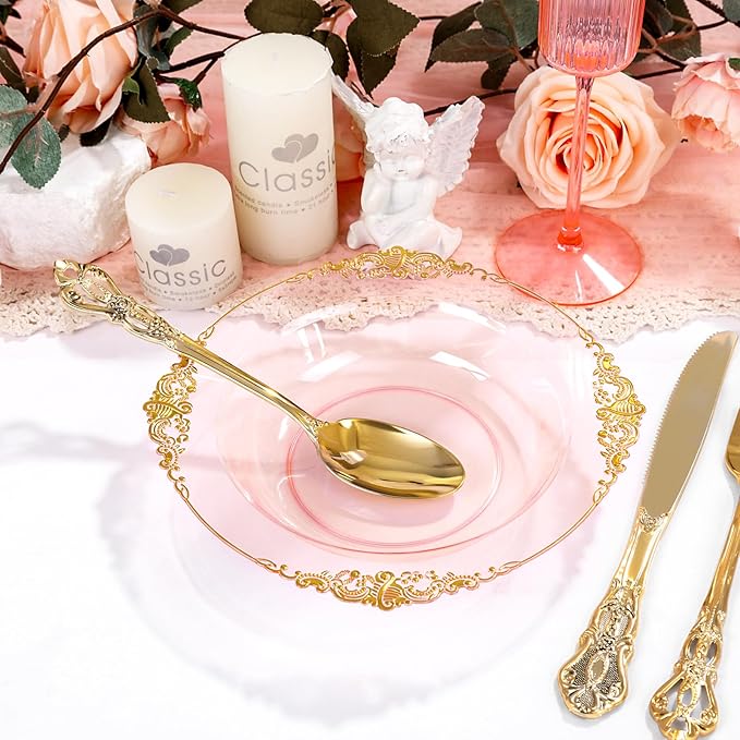 100PCS Clear Pink Plastic Bowls - 12 oz Pink Gold Disposable Salad Bowls - Heavy Duty Disposable Soup Bowl - Fancy Plastic Ice Cream Bowl for Weddings Parties Dinners Picnics