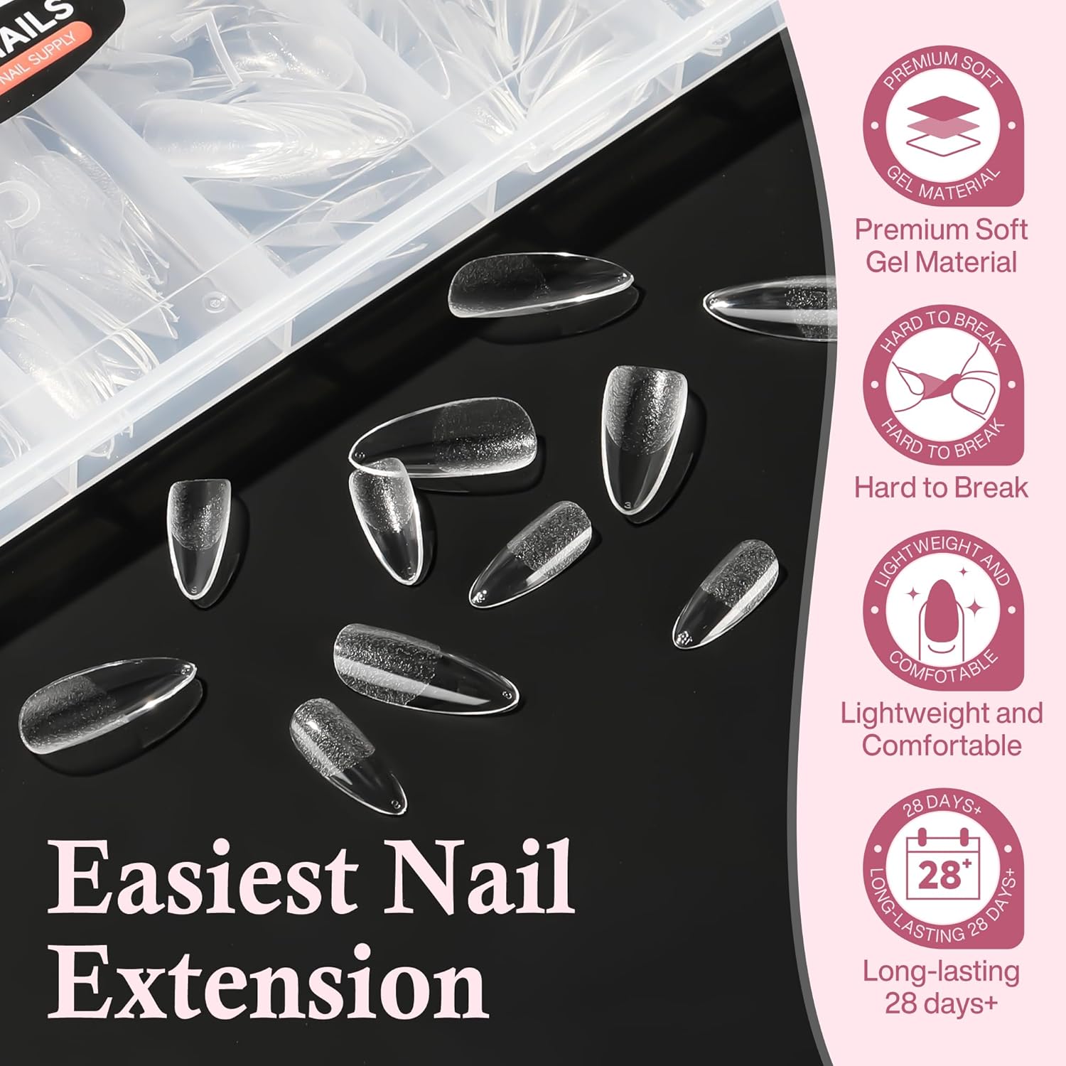 Medium Almond Nail Tips, 240pcs Soft Gel Pre-Filed Acrylic Almond Fake Nails, Half Matte Full Cover Clear Press on Flase Nail Tips for Nail Extension Home DIY 12 Sizes Gelly Tips-BrightBean Baby