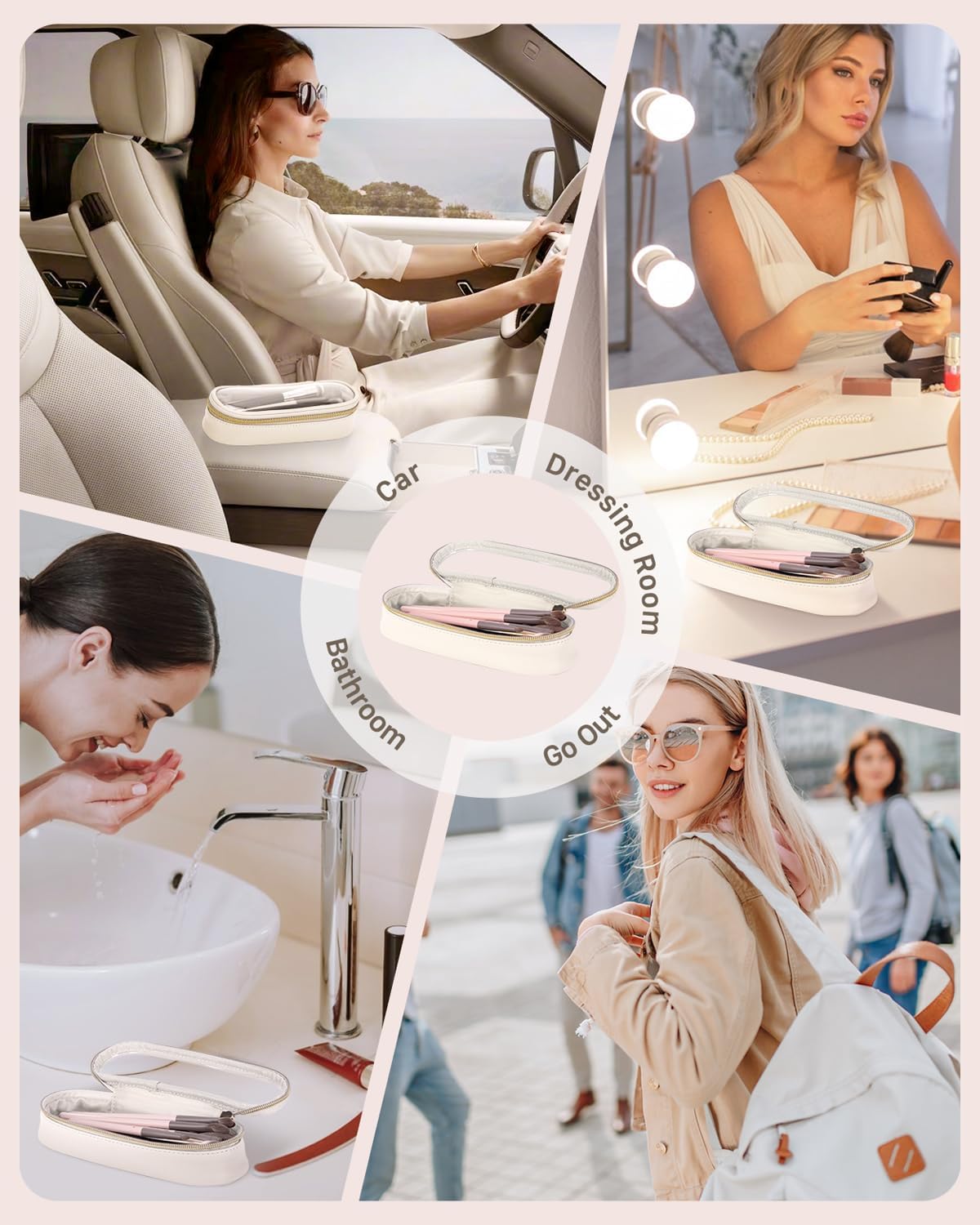 Clear Travel Makeup Brush Holder, Leather Makeup Brush Toiletry Bag, Portable Cosmetic Brush Case, Transparent Waterproof Makeup Brush Storage Bag, White-BrightBean Baby