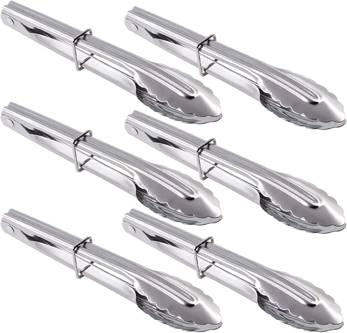 Mini Stainless Steel Food Tongs with Silding Rings 7-Inch - Set of 6 - Small Clam Shell Service Tongs for Serving Appetizers, Desserts, Salads, Barbecue and Cooking (Silver)