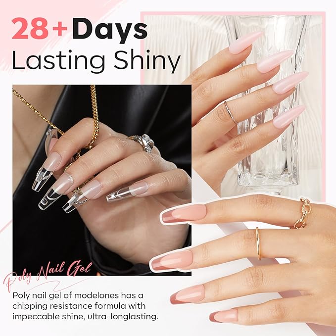 Modelones Poly Extension Gel Nail Kit, 6 Colors Pink Nude with 48W U V/LED Lamp Slip Solution 3D Bow Pearl Charms Decoration Rhinestone Glitter Tools for Manicure Beginner Starter Kit DIY at Home-BrightBean Baby