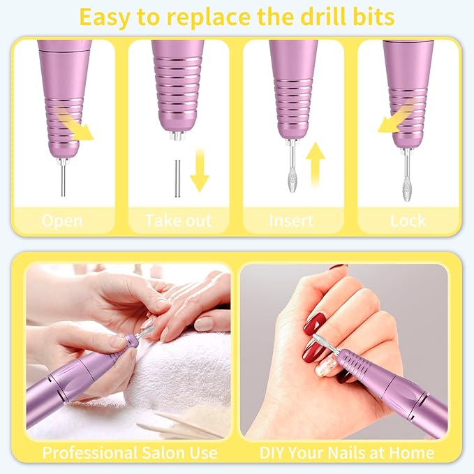 Portable Nail Drill Professional 35000 RPM, MOCOWIND Rechargeable Electric Nail File Machine for Acrylic Nails Gel Polishing, Cordless E-File with Bits Kit for Manicure Salon Home, Yellow & Purple-BrightBean Baby