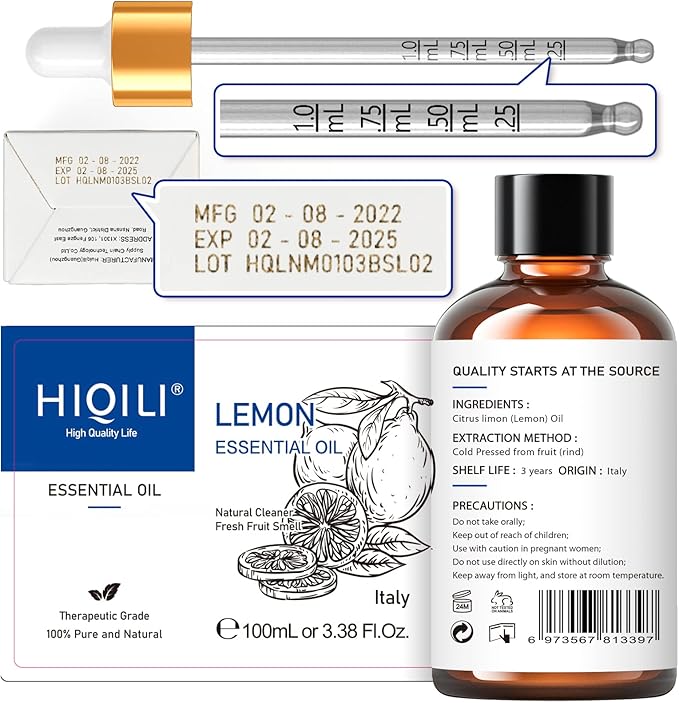 HIQILI Lemon Essential Oil, Household Cleaning, Air Purification, Skin Care, Can be Added to Cleansers, Sprays, Body Lotions Use - 3.38 Fl Oz/100ML-BrightBean Baby