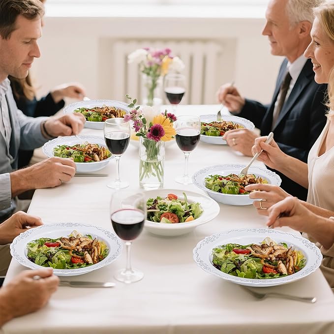 DaYammi 100 Pack Plastic Bowls with Silver Rim, 12oz Disposable Soup Bowls, Heavy Duty Dinner Bowls for Weddings, Parties, Dinners, Catering and Everyday Use