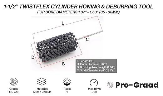 TwistFlex 1-1/2" 180SC Cylinder Hone | 1.5" (38mm) Flexible Cylinder Honing & Deburring Tool | Bore Brush for Hole Diameters 1.37 - 1.5" | Silicon Carbide 180 Grit | 1/4" Shank | 8" Length