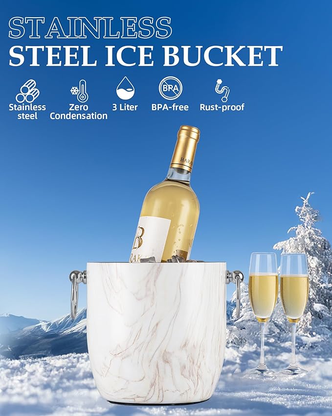 Insulated Ice Bucket, 3L Double Wall Stainless Steel Ice Bucket with Tongs,Lid, Scoop and Strainer, Ice Buckets for Parties,Cocktail Bars, Chilling Beer, Champagne, Wine Bottles