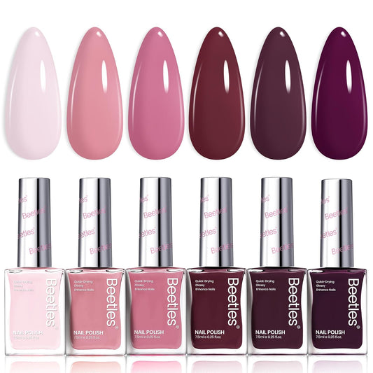 Beetles Nail Polish Set - Twilight Rose 6 Colors Quick Dry Baby Pink Burgundy Red Purple Plum High-Gloss Long-Lasting Nail Polish for DIY At-Home Manicure Fall Gift for Women-BrightBean Baby
