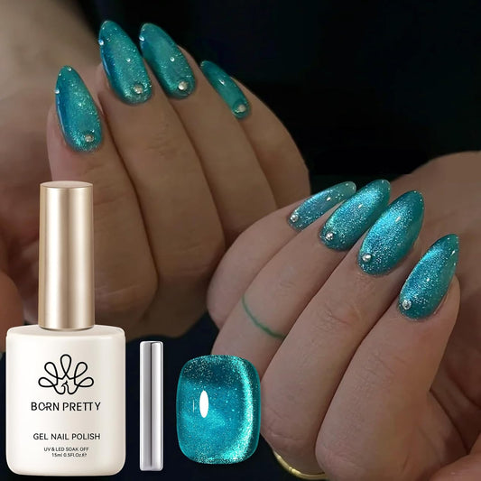 BORN PRETTY Cat Magnetic Eye Gel Nail Polish, Blue Melbourne Glitter Cat Magnetic Gel Nail Polish, Holographic Magnetic Nail Polish for Nail Art Manicure Salon DIY at Home 15ML-BrightBean Baby