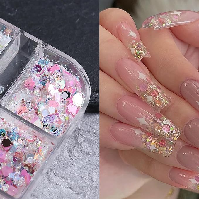 12 Grids Star Nail Art Glitter Sequins Heart Shaped Mermaid Nail Sequins Holographic Mermaid Nail Flakes Sticker Sequin Heart Nail Art Glitter for Women DIY Acrylic Nail Decoration-BrightBean Baby