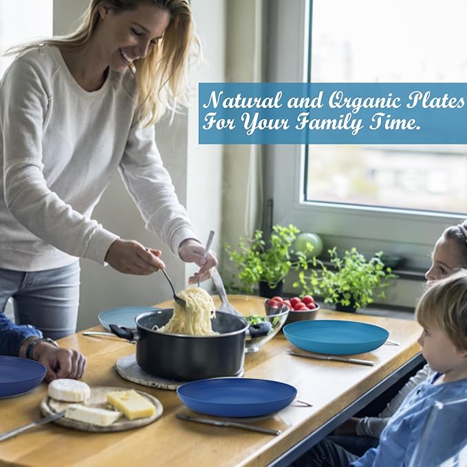 Wheat Straw Plates - 8 Inch Unbreakable Dinner Plates Set of 8 - Dishwasher & Microwave Safe Plastic Plates Reusable - Lightweight Kids Plates for kitchen,R.V. (Ocean)