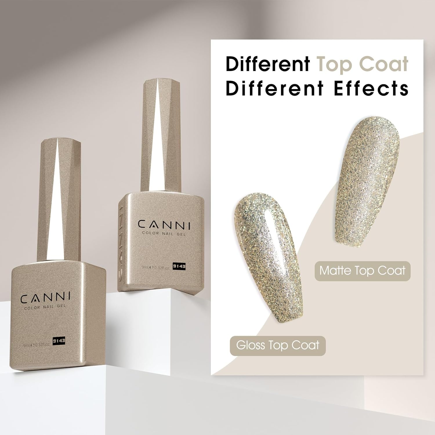 CANNI Champagne Gold Glitter Gel Polish – 9ML Sparkly Soak-Off UV/LED Gel Nail Polish, Shiny Metallic Finish for French Manicure, DIY or Salon Use-BrightBean Baby