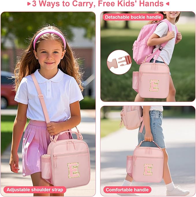Initial Insulated Lunch Bag for Girls Kids, Back to School Gift, Reusable Leak-proof Lunch Box with Adjustable Strap for School Daycare Travel Picnic (Pink,E)