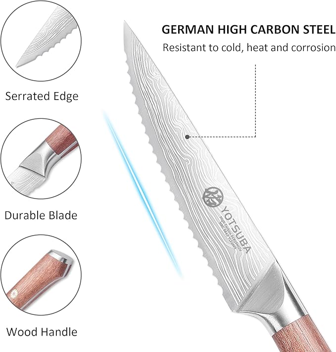YOTSUBA Steak Knives Set of 6, 4.5 Inch Steak Knife Set, Razor-Sharp High-Carbon Stainless Steel Kitchen Steak Knife with Ergonomic Wood Handle, Dinner Knives with Gift Box