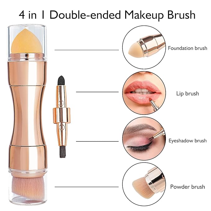 kullder 4 in 1 Makeup Brush Travel Makeup Brushes Blend Sponge, Eyebrow, Eyeshadow & Blush Brushes for Foundation Concealer Double Ended Makeup Brush with Powder Puff Women Ideal Gifts-BrightBean Baby