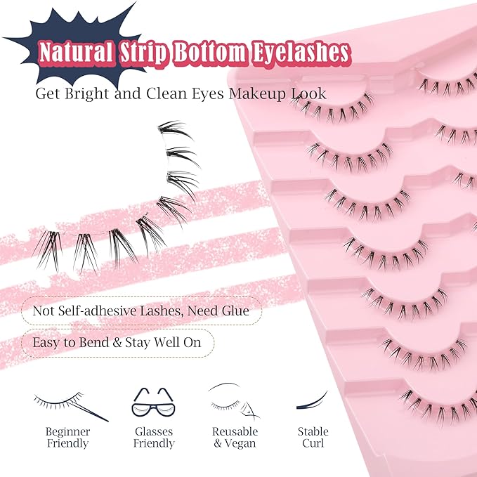 Lashes Natural Bottom Lashes 9mm Lower Strip Lashes Extention False Eyelashes Natural Look Wispy Bottom Eyelashes Fake Lashes Pack 7 Pairs-BrightBean Baby