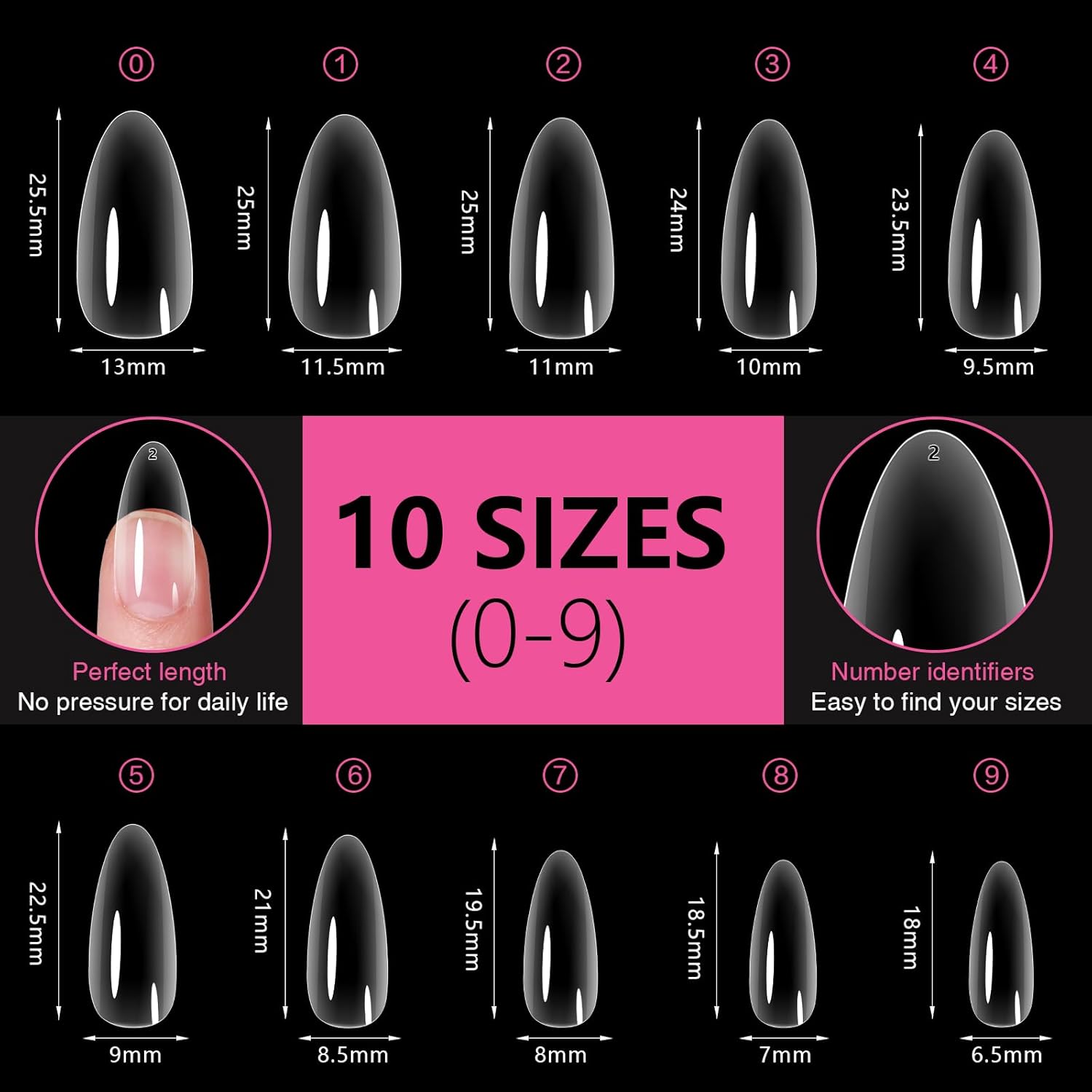 Medium Almond Nail Tips 500PCS, Clear Acrylic Full Cover Gel Press on Nail Tips for DIY, 10 Sizes Pre-Shaped False Nails with Glossy Finish, Professional Manicure Kit & Easy Application-BrightBean Baby