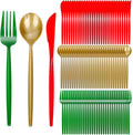 Rubtlamp 180Pcs Christmas Plastic Silverware, Heavy Duty Plastic Utensils, Party Disposable Flatware, Plastic Cutlery Sets Include 60 Green Forks, 60 Brown Gold Plastic Spoons, 60 Red Knives