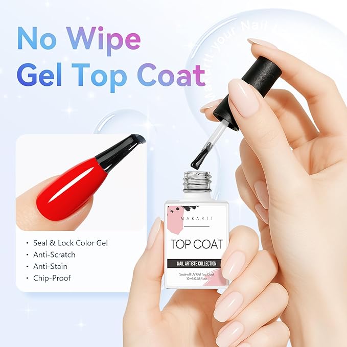 Makartt Gel Top Coat - 2 PCS No Wipe Top Coat Gel Nail Polish High Glossy Shine Finish Long Lasting, 10ML Clear Soak Off UV Nail Lamp, Salon Quality Art Design for Home Use Beauty Gift-BrightBean Baby