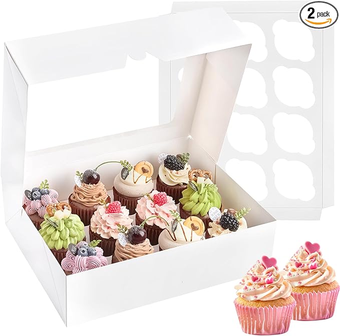Kucoele 12 Count Cupcake Boxes, 2 Pack White Cupcake Containers with Windows and Inserts, Disposable Cupcake Carriers for Muffins, Treats, Pastries, 13 x 10 x 4 Inches