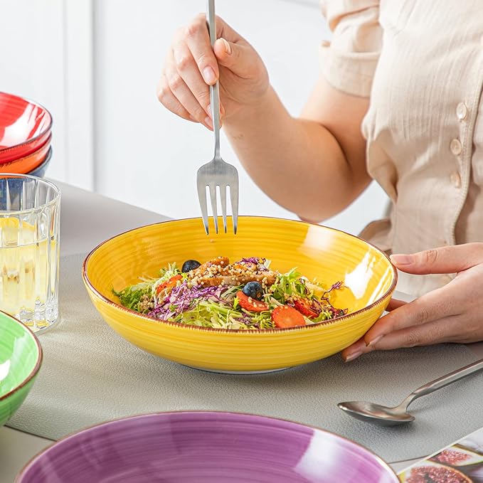 vancasso Bonita Pasta Bowls Set of 6, 38 oz Shallow Bowls, Ceramic Pasta Plates and Salad Bowls, Microwave & Dishwasher Safe Serving Bowls, Assorted Colors