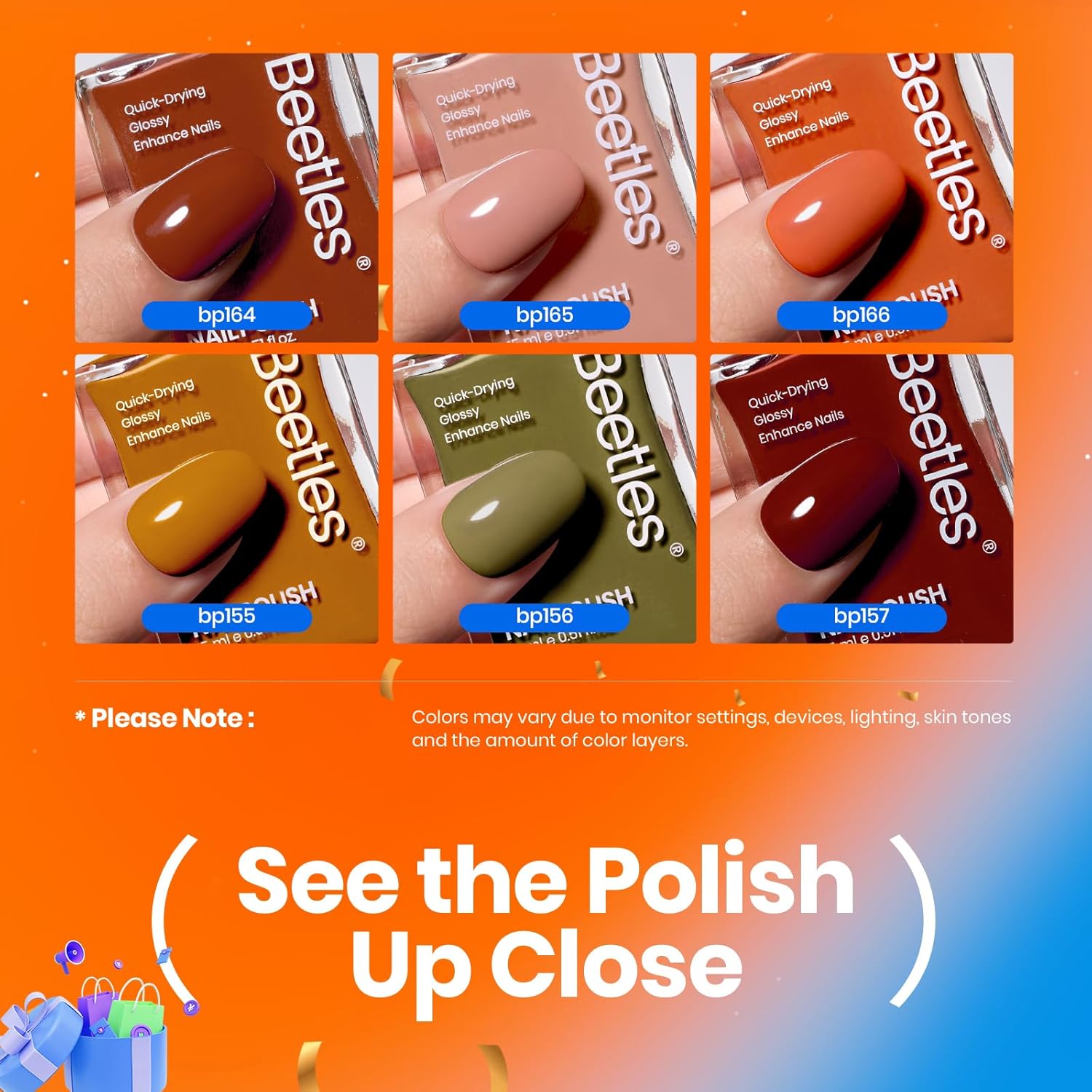 Beetles Fall Nail Polish Set P180, 6 Color Red Yellow Green Quick Air Dry Nail Polish, Natural Nail Lacquer Manicure DIY Nail Art Salon Gift For Women-BrightBean Baby