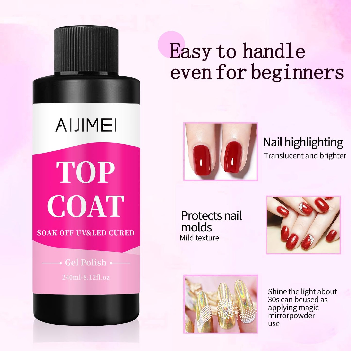 AIJIMEI Top Coat Nail Polish Premium 240ml Gel Top Coat – Long Lasting, Top Coat for Gel Nail Polish – Nail Art Topcoat for Salon-Grade Nails at Home 8 Fl Oz-BrightBean Baby
