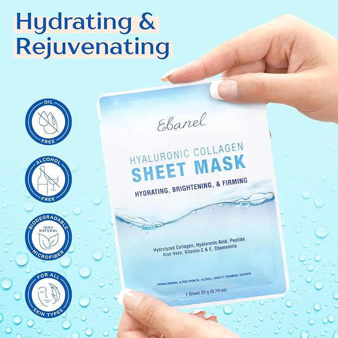 Ebanel 10 Pack Collagen Face Mask with Hyaluronic Acid, Vitamin C, Peptide, Aloe, Instant Brightening Hydrating Face Masks Skincare Korean Sheet Mask, Skin Firming, Lifting Anti Aging Facial Masks-BrightBean Baby