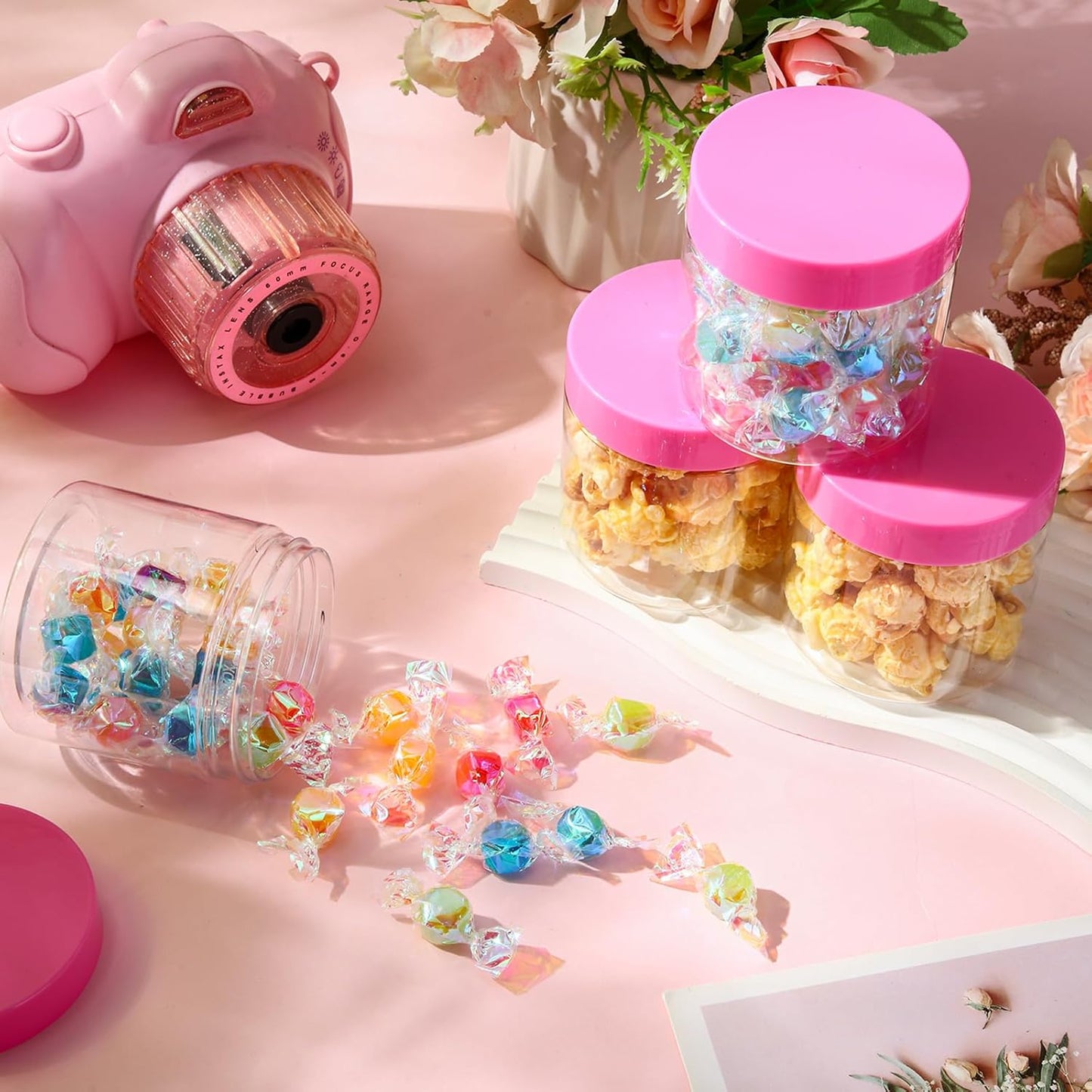 SATINIOR 100 Pcs Plastic Jars with Lids Small Containers Lids Wide Mouth Small Plastic Containers for Lotion Cream Rhinestones Body Butters Travel Storage(8 oz, Pink)-BrightBean Baby