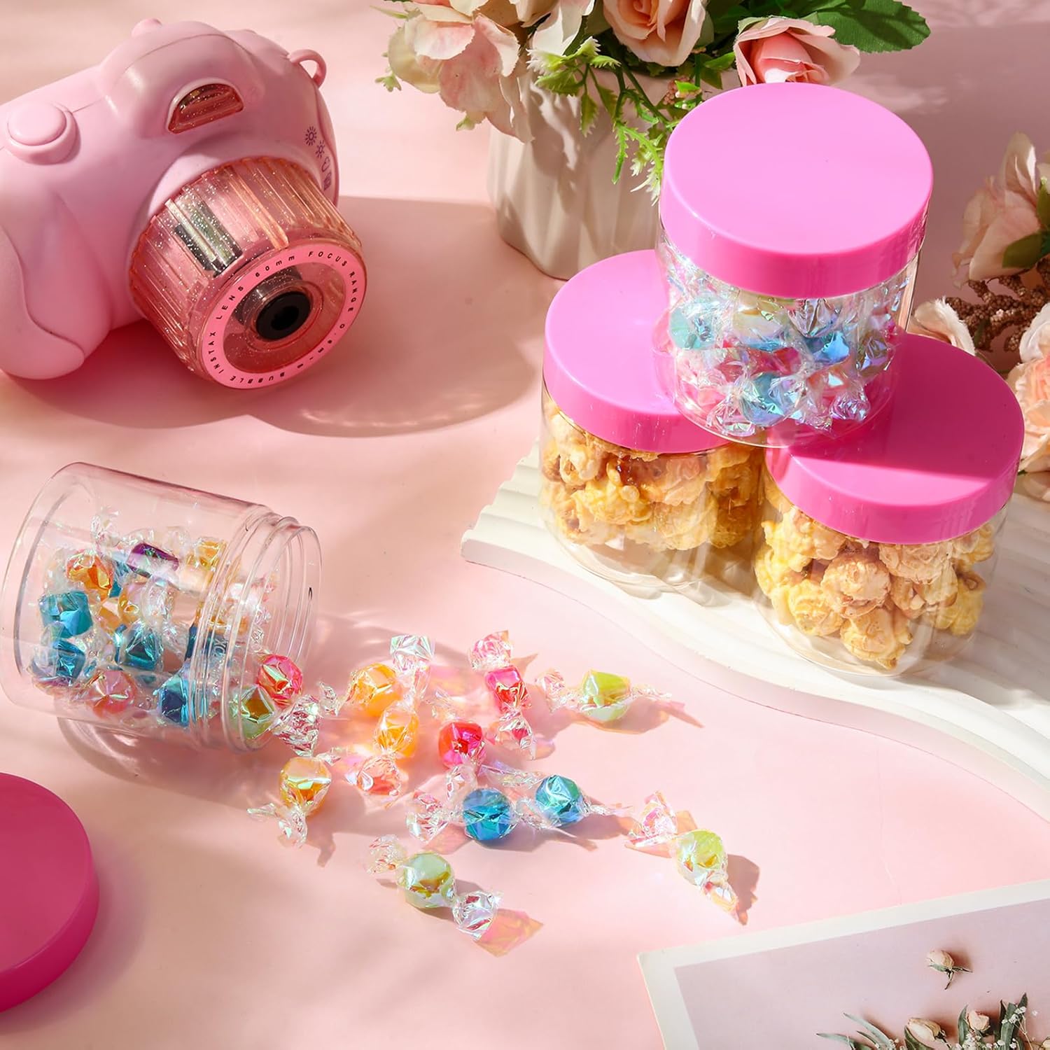 SATINIOR 100 Pcs Plastic Jars with Lids Small Containers Lids Wide Mouth Small Plastic Containers for Lotion Cream Rhinestones Body Butters Travel Storage(8 oz, Pink)-BrightBean Baby