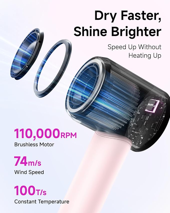 Hair Dryer with Comb & Diffuser Attachment for Curly Hair, PLUZZ 200M Negative Ionic Blow Dryer Brush, High-Speed Brushless Motor Hairdryer Fast, Portable Travel Hair Dryers Quiet, Women/Men/Kids-BrightBean Baby