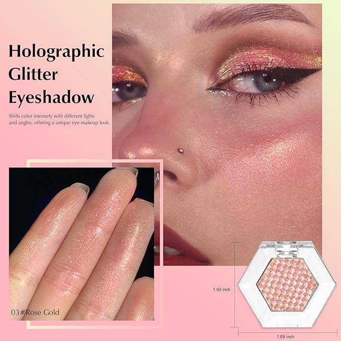Rose Gold Glitter Eyeshadow Palette, Multichrome Chameleon Cream to Powder Eye Shadow, Color Shifting Holographic Eyeshadow Shimmer Inner Corner Eye Brightener Highlighter Makeup-BrightBean Baby