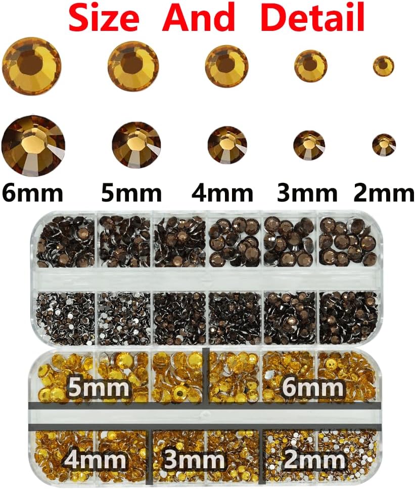 Gold and Brown Rhinestones with Glue(S8-S30) for Bedazzling, 2mm-6mm Non-Hotfix Flatback Nail Gems Beads with B7000, Resin Nail GemsStones Diamond Kit for Bedazzle Crafting, Nails DIY Art Decoration-BrightBean Baby