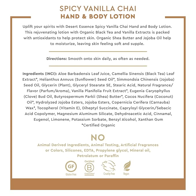Desert Essence Spicy Vanilla Chai Hand & Body Lotion, Uplifting, Smoothes & Softens Skin, No Greasy Residue, Aloe Vera, Shea Butter, Vitamin E, 8 Fl Oz-BrightBean Baby