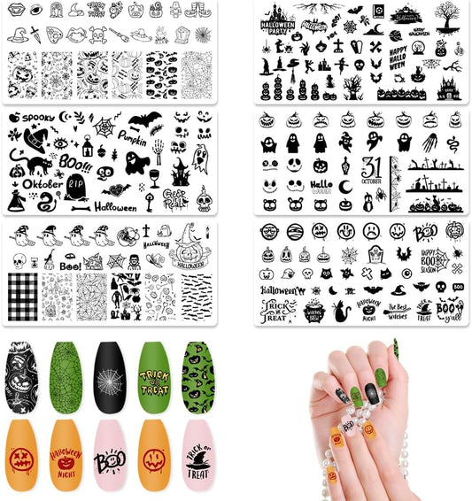 ALIBBON 6 Pcs Halloween Nail Stamping Plates Set, Spider Web Pumpkin Background Nail Art Stamp Templates, Bat Ghost Stamp Templates Kit, Castle Grave Metal Nail Plates for DIY Printing Decor-BrightBean Baby