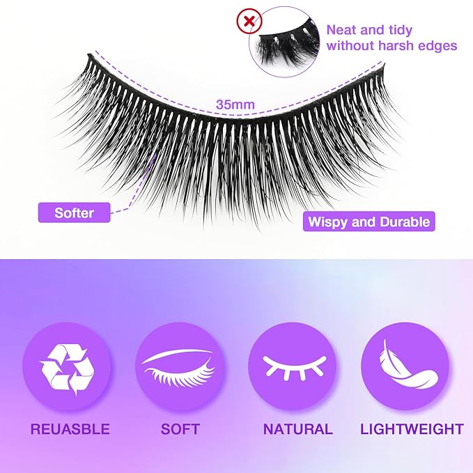 Wispy False Eyelashes Kit With Bond, Seal and Tweezer, 7 Pairs Natural Look Fake Cat Eye Lashes Strips Thin Band Extensions Waterproof Easy Eyelashes for Beginners RQ11-BrightBean Baby
