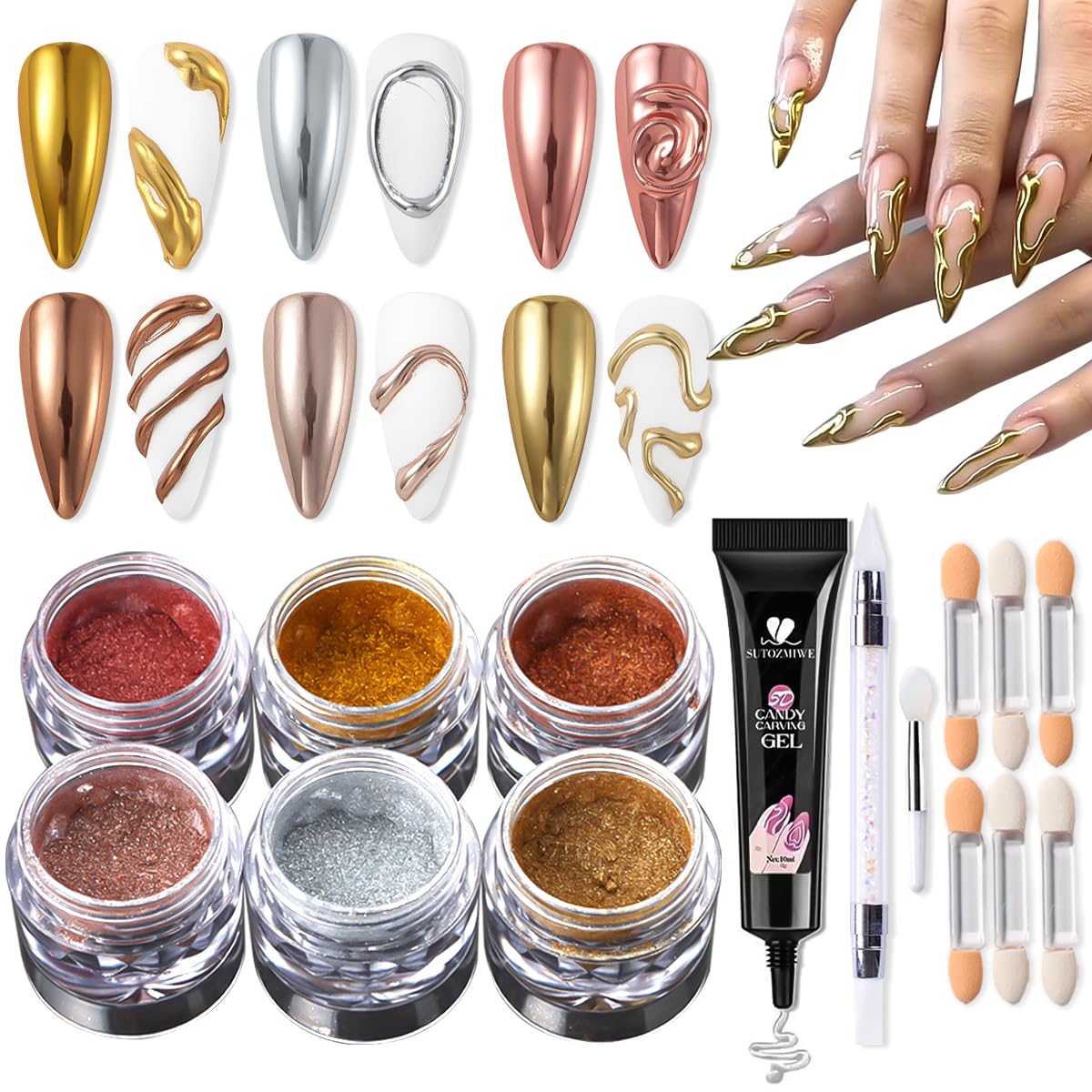 Chrome Nail Powder Metallic Gold And Silver, Magic Mirror Effect Pigment Glitter Rubbing Dust, 3D Carving Nail Molding Gel & Holographic Dip Nail Powder Kit for Nail Decor Home Manicure DIY-BrightBean Baby