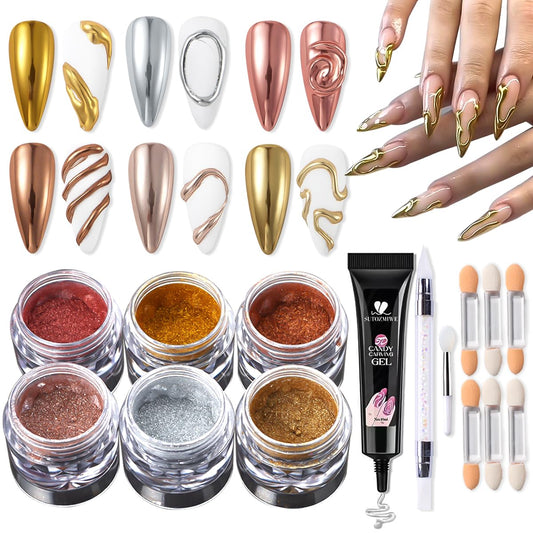 Chrome Nail Powder Metallic Gold And Silver, Magic Mirror Effect Pigment Glitter Rubbing Dust, 3D Carving Nail Molding Gel & Holographic Dip Nail Powder Kit for Nail Decor Home Manicure DIY-BrightBean Baby