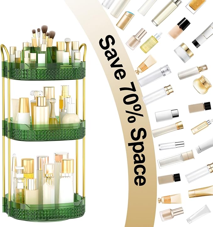 Rotating Makeup Organizer for Vanity 3 Tier, Perfume Organizer with Makeup Brush Holder, Large Capacity Cosmetics Clear Skincare Organizer for Countertop (Green)-BrightBean Baby