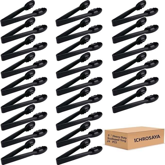 24 Pieces Plastic Salad Tongs, Black Kitchen Serving Tongs, 9 Inch Disposable Utensils Set, Heavy Duty Scalloped, Perfect for Buffets and BBQ, Food Safe Material