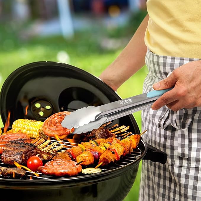 Tongs for Cooking, 12-Inch Stainless Steel Kitchen Tongs, Locking Metal Food with Silicone Non-Slip Grip, Kitchen Utensils for Food, Salad and Outdoor BBQ, Set of 4 (Blue)