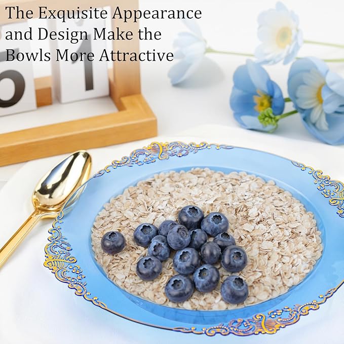 Nervure 50PCS Blue Plastic Bowls with Gold Rim - 12oz Disposable Soup Bowls, Heavy Duty Salad Dessert Bowl Perfect For Weddings, Father's Day and Everyday Use