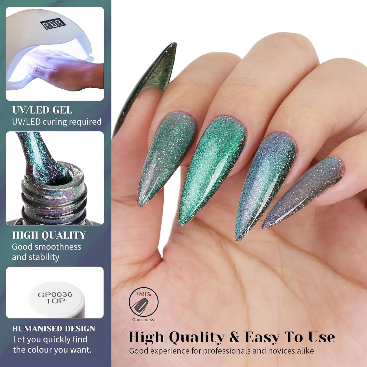 Aurora Green Cat Eye Gel Nail Polish,Iridescent Quicksand Galaxy Holographic Cateye Green Gel Polish with Magnet, Shimmer Velvet Soak Off Uv Led Home Diy Manicure GP0103-BrightBean Baby