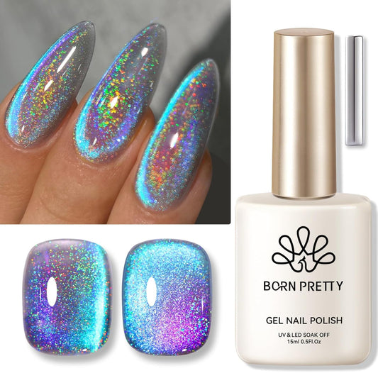 Born Pretty 9D Cat Magnetic Eye Gel Nail Polish Holographic Rainbow Gel Polish Blue Purple Soak Off U V LED Gel Polish Nail Art Design Manicure Salon DIY Home 15ML-BrightBean Baby