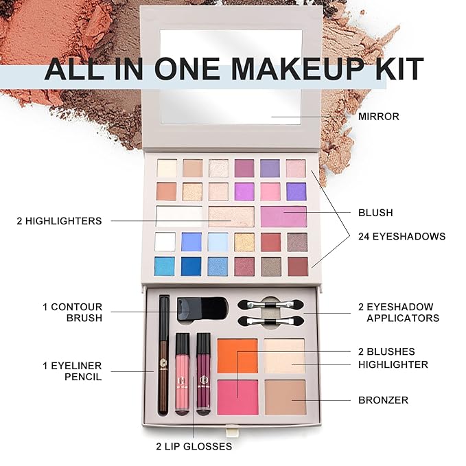 Color Nymph Makeup Kit for Women Full Kit Makeup Gift Set All in One Makeup Kit with 24 Colors of Eyeshadow, Makeup Brushes, Lip Glosses, Eyeliner Pencil, Mirror-BrightBean Baby