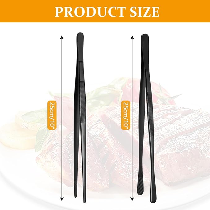 Litoexpe 2 PCS 10 Inches Fine Tweezer Tongs, Stainless Steel Cooking Tongs for BBQ Sea Food Repairing Serving, Black