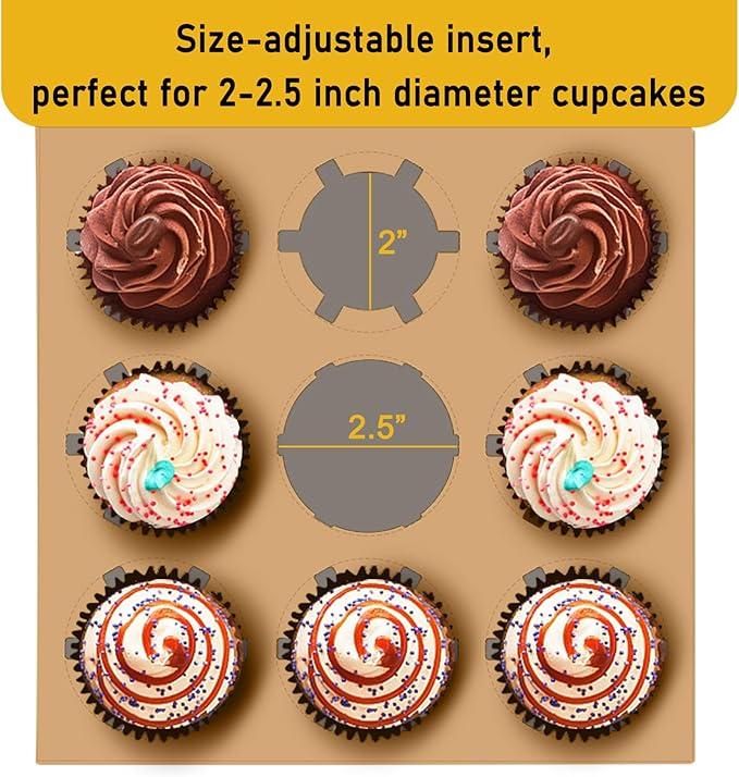 9-Count Cupcake Boxes with Window and Insert, 9x9x3 Inch, Brown, Suitable for Cupcakes, Muffins, and Cookies, 8 Pack