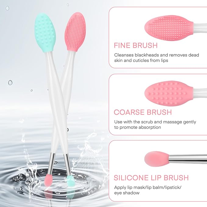Unaone Lip Scrub Brush - 2 PCS Dual-ended Lip Scrubber Exfoliator and Silicone Lip Brush, 3-in-1 Silicone Lip Scrub Tool Lip Mask Applicator, Gentle Exfoliator & Applicator for Soft-BrightBean Baby
